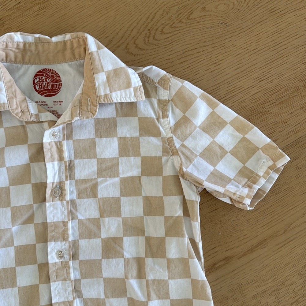 C&C CALIFORNIA Checkered Short Sleeve Shirt - Beige and White Small - Picture 3 of 4